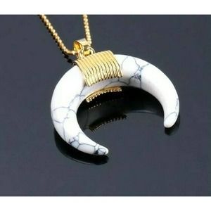 White Necklace Pendant Crescent w Gold Chain